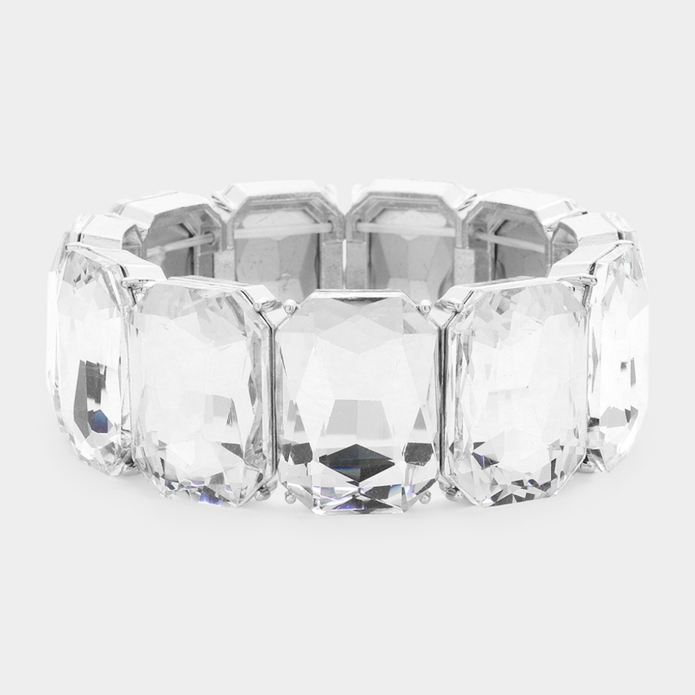 Silver Crystal Emerald Stone Stretch Bracelet Rhinestone Bling Evening Jewelry